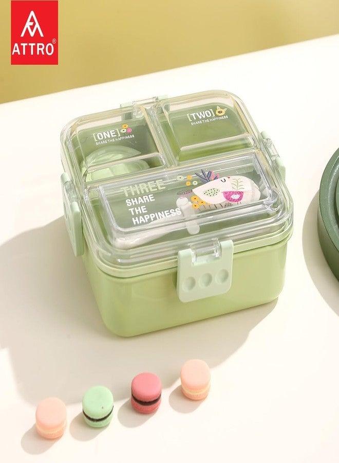 ATTRO Tasty Bite 3 Compartment Lunch Box with Small Container & Spoon BPA Free Food Grade Leak-Proof Microwave Safe Ideal for Kids-1020ml+70ml Green, Plastic - Image 2